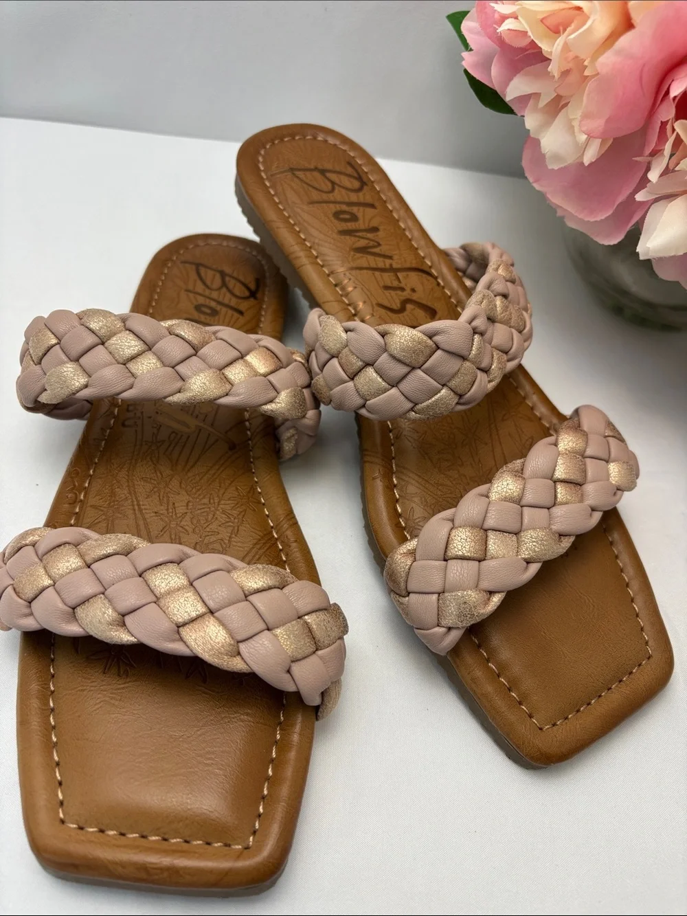 Blowfish Malibu Womens 10‎ Braided Double-Strap Slide Sandals in Blush&Gold #725